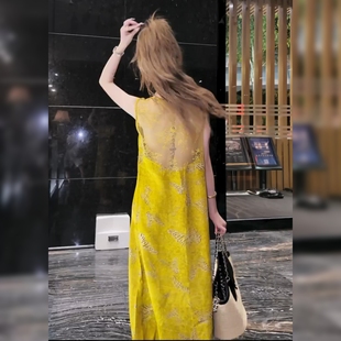 时尚法式无袖蕾丝美背醋酸连衣裙女夏薄款透气名媛提花中长款裙