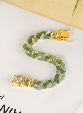 拍卖捡漏缅甸翡翠古巴冰种手链镶嵌钻锆石嘻哈潮流跨境风格带证书