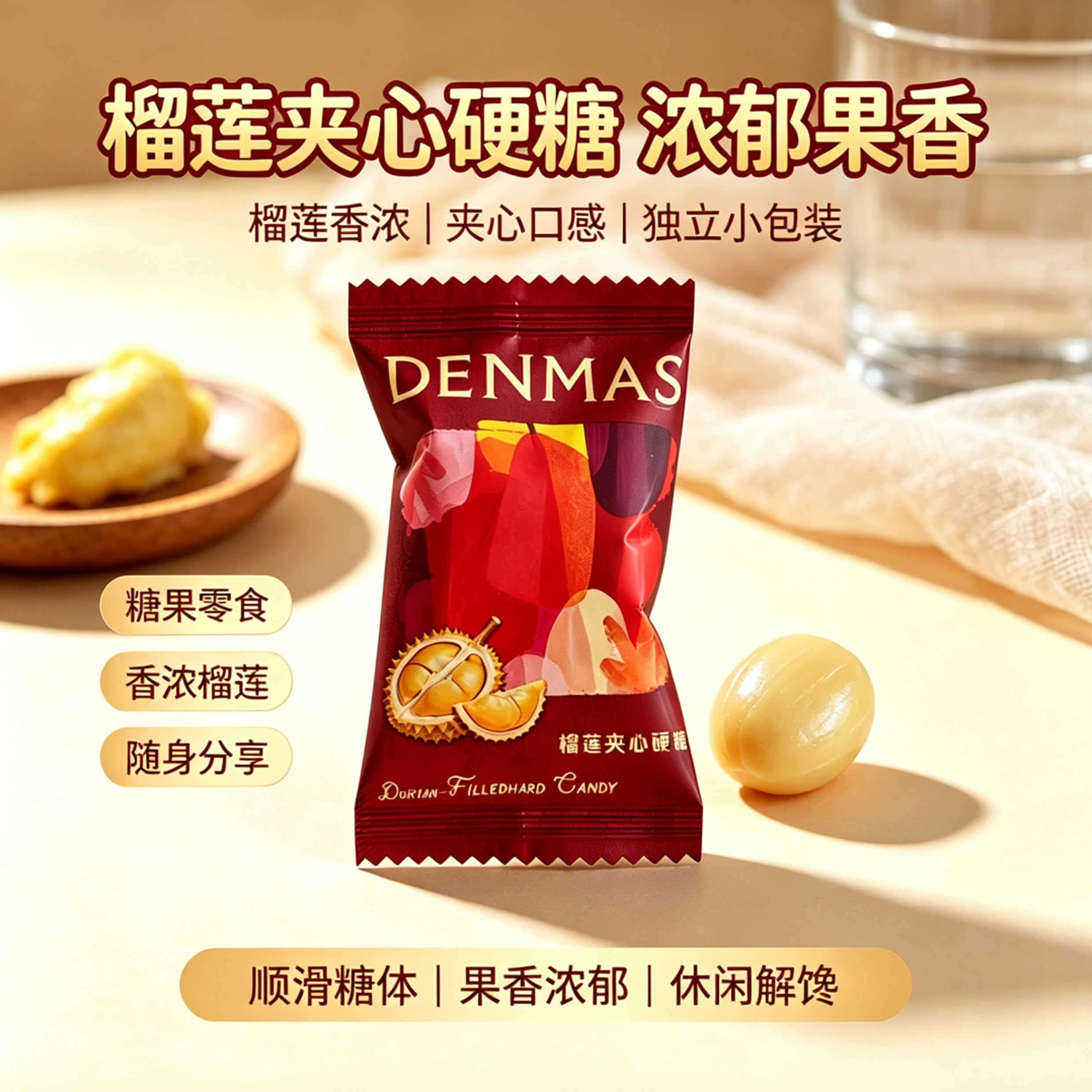 DENMAS丹玛仕榴莲夹心硬糖浓郁榴莲味糖果独立包装待客解馋零食品