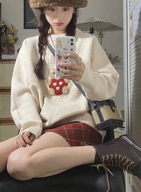冬季复古毛巾绣小熊套头毛衣女日系宽松学院风可爱圆领针织打底衫
