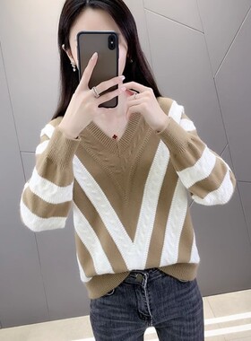 拼色条纹V领毛衣女2026秋冬韩版宽松百搭撞色洋气百搭打底衫