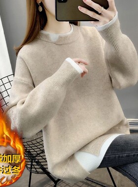 圆领韩版宽松针织假两件毛衣