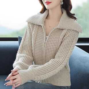针织开衫加厚粗毛线毛衣外套女2026秋冬装新款大翻领拉链长袖上衣