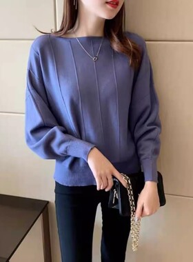 长袖针织毛衣女秋冬新款蝙蝠衫时尚一字领洋气坑条针织打底衫上衣