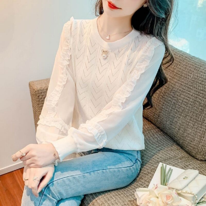 法式甜美白色针织打底衫女春秋圆领雪纺袖拼接木耳边洋气显瘦上衣