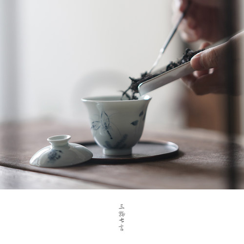 三物七言中式池趣陶瓷盖碗全手绘珐琅彩虾蟹鱼茶事闲趣茶碗110cc