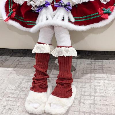 花边蝴蝶结红色袜套新年红小腿袜