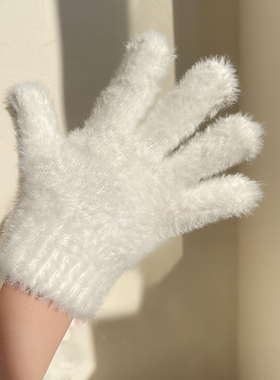 女童冬季保暖五指手套仿獭兔毛绒韩国学院风日系软妹可爱大童手套