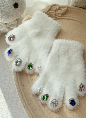 儿童保暖手套女童小学生冬季加厚保暖獭兔毛镶钻中大童女孩五指