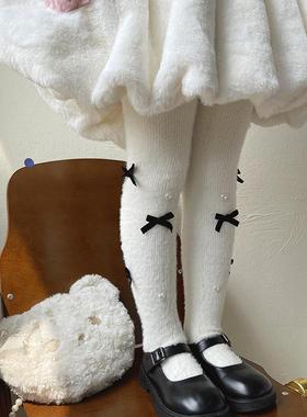 女童加厚一体绒连裤袜小宝宝打底裤秋冬爱心蝴蝶结白色连脚打底袜