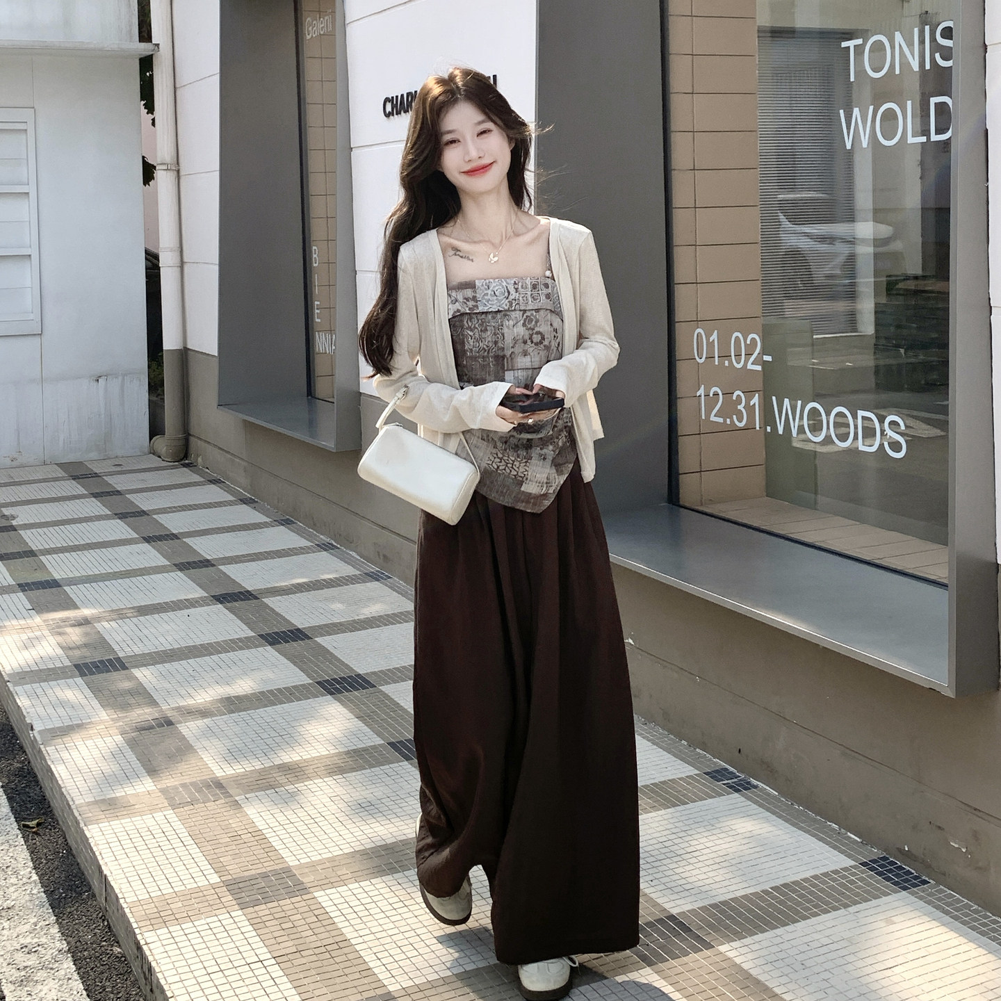 温柔氛围感针织开衫印花吊带阔腿裤三件套女秋显瘦气质套装