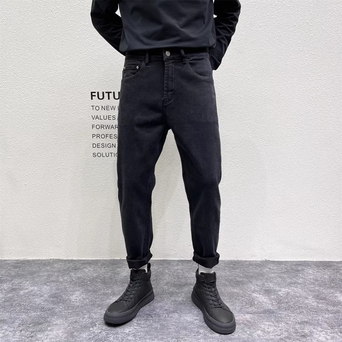 高品质感经典黑色牛仔裤男春秋修身小直脚型男痞帅显瘦休闲九分裤