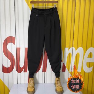 休闲裤男2024秋冬加绒加厚小脚西裤韩版褶皱设计束脚裤痞帅哈伦裤