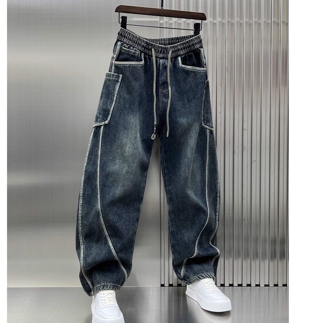 新款2024冬季宽松加厚弯刀牛仔裤男士宽松直筒阔腿裤复古潮牌高端,男装,牛仔裤,淘宝优惠券,粉丝福利购,淘宝优惠卷