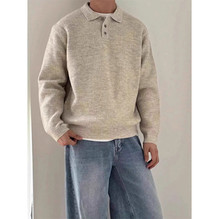 2025新款翻领毛衣男款秋冬轻熟风保暖polo衫美式复古针织衫外套潮