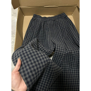 黑灰色格子裤子男款秋冬宽松bf慵懒风加绒卫裤宽松休闲直筒阔腿裤