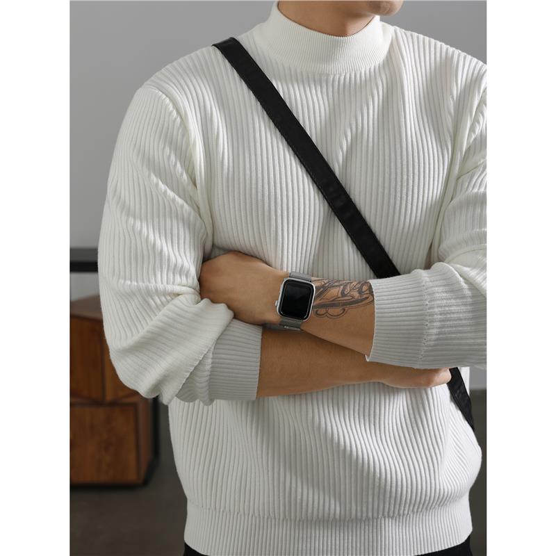 白色简奢坑条纹理感半高领毛衣男士冬季保暖打底针织衫上衣
