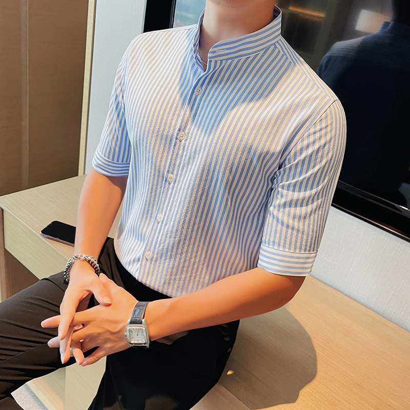 立领衬衫男短袖夏季冰丝痞帅高级感商务高端蓝白条纹五分中袖衬衣