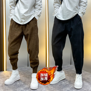 裤子男潮牌男裤加绒冬季束脚裤痞帅哈伦裤灯芯绒休闲裤男士长裤子