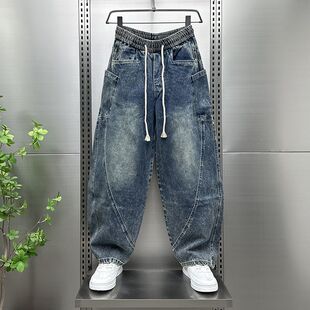 秋季新款牛仔裤拼接男士多口袋宽松直筒裤青年水洗复古潮流弯刀裤