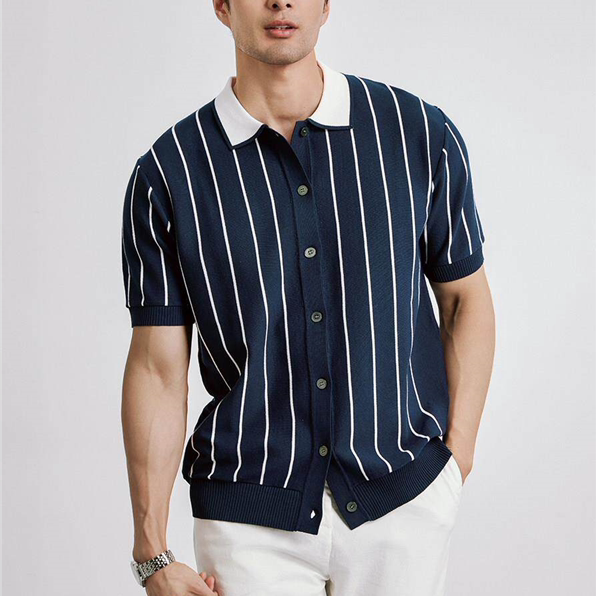 意式老钱风 夏季条纹针织短袖polo衫男士休闲冰丝翻领撞色开衫T恤