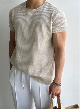 雪尼尔透气短袖针织衫男夏季薄款美式轻熟风性张力穿搭圆领t恤衫