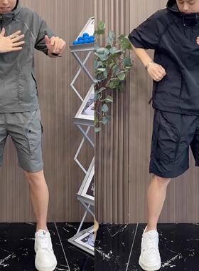 夏季休闲工装套装男半拉链连帽半袖韩版轻薄透气运动速干休闲短裤