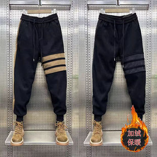 秋冬季 哈伦裤 加绒加厚男士 潮流拼接宽松新款 束脚运动裤 条纹休闲裤