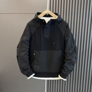 秋冬大口袋工装拉链套头连帽加厚卫衣男士纯色拼接休闲百搭上衣潮