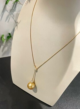 南洋金珠吊坠项链，基本正圆浓金海水珠12-13mm,纯银项链毛衣链