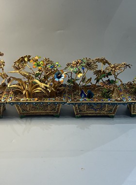 旧藏清宫廷御藏罕见梅兰竹菊盆景纯铜高浮雕錾刻鎏金精湛器型精美