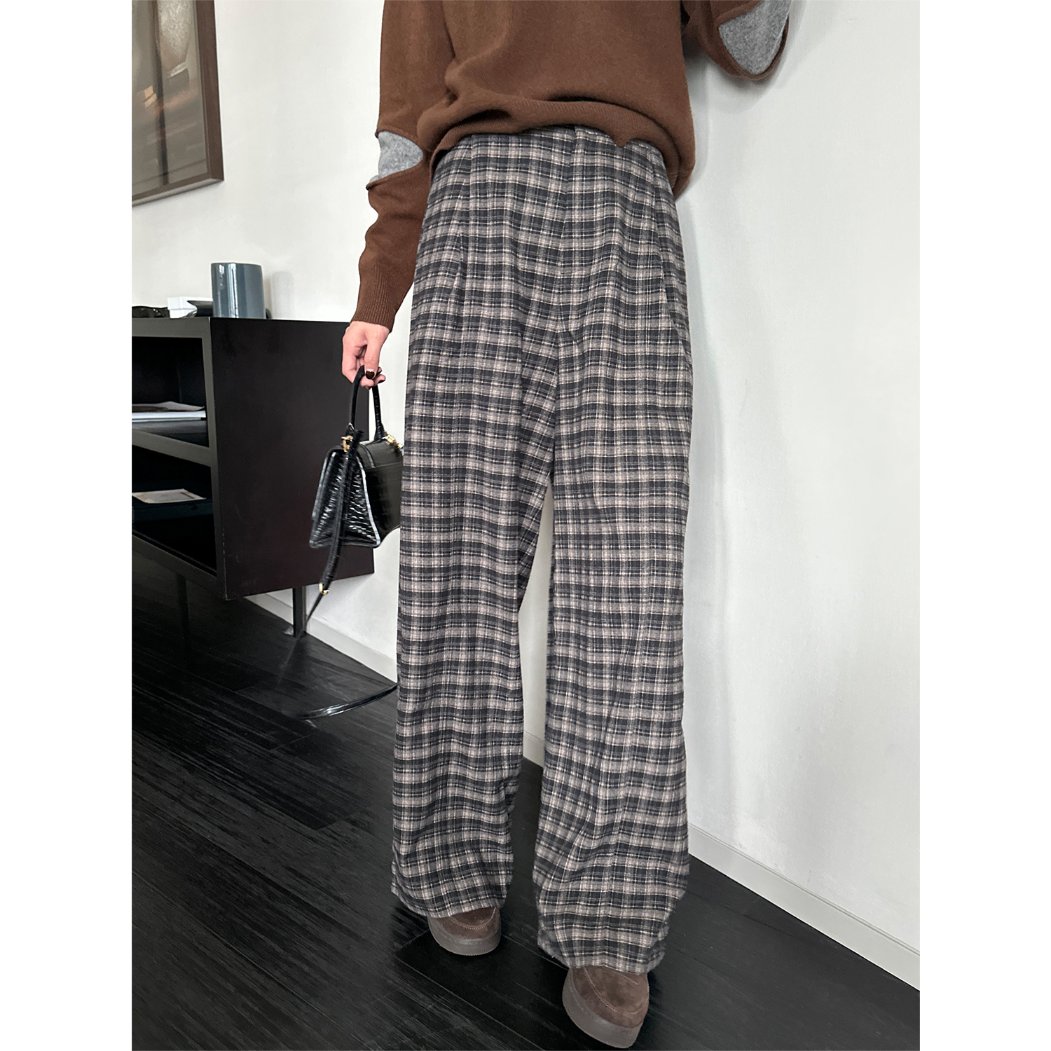 复古色织格纹加厚及地休闲裤