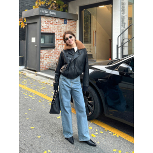 【年末清仓】YANGLE_炒色雪花纹拼接直筒抓绒牛仔裤