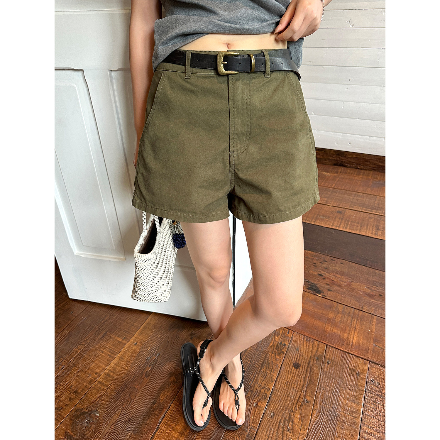 YANGLE_绿色阔腿短裤女2025新款外穿夏宽松休闲高腰纯棉a字直筒裤,女装/女士精品,休闲裤,淘宝优惠券,粉丝福利购,淘宝优惠卷