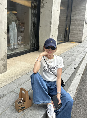 YANGLE_正肩短袖女t恤夏季2025新款美式植绒印花宽松显瘦纯棉上衣