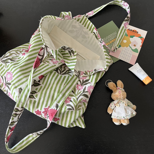 印度传统拓印染色棉布环保袋绿条纹花朵包百搭细带单肩包托特包