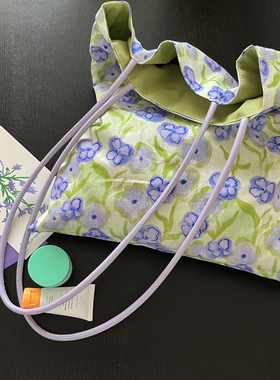 温柔紫色鸢尾碎花包小众设计帆布包PU肩带单肩包托特包文艺森女包