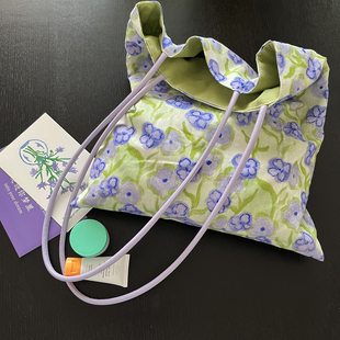 温柔紫色鸢尾碎花包小众设计帆布包PU肩带单肩包托特包文艺森女包
