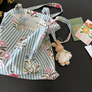 印度传统拓印染色棉布环保袋蓝条纹花朵包百搭细带单肩包托特包