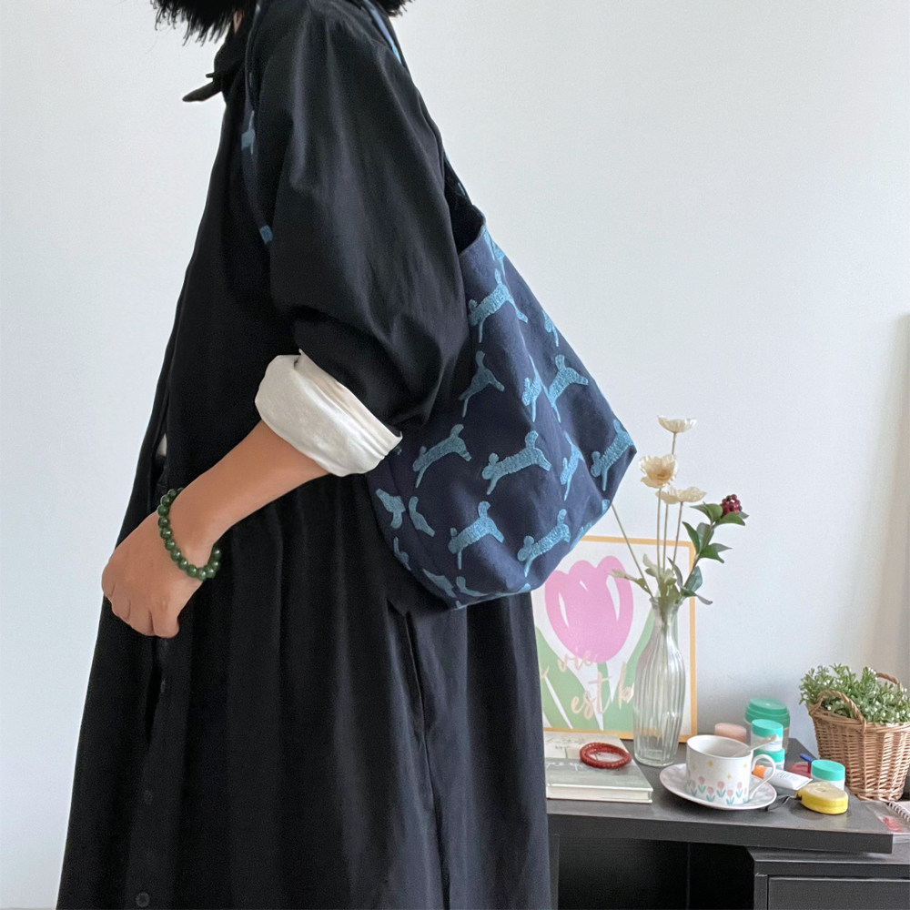 日系小hobo皆川明风跑兔棉麻布包重工刺绣单肩包手提包迷你腋下包