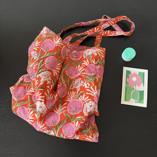 春天新款印度传统拓印榴花粉棉布单肩包环保袋简约帆布袋薄款女包