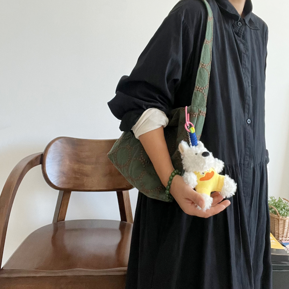 日系小hobo皆川明风棕绿圈圈棉麻重工刺绣单肩包手提包迷你腋下包