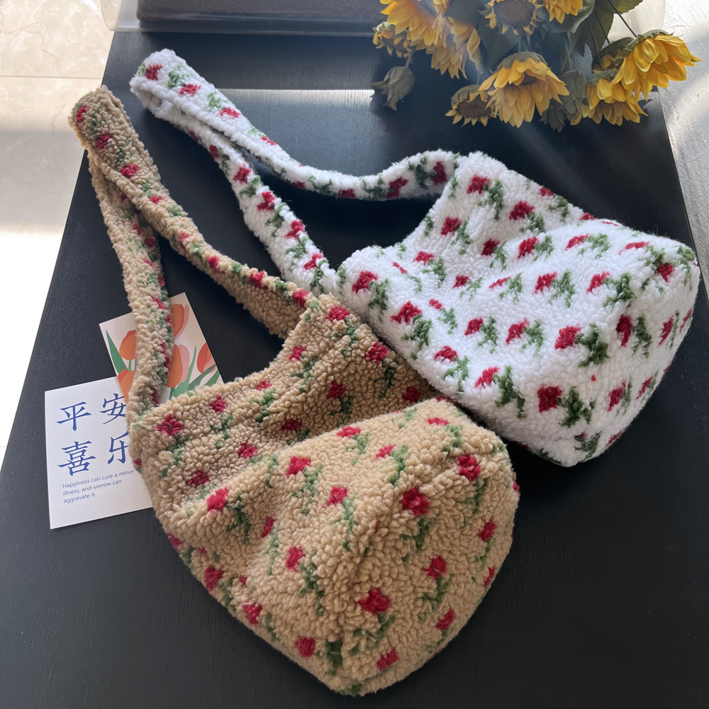 秋冬百搭毛毛包复古郁金香提花摇粒绒单肩包斜挎包高级感水桶包