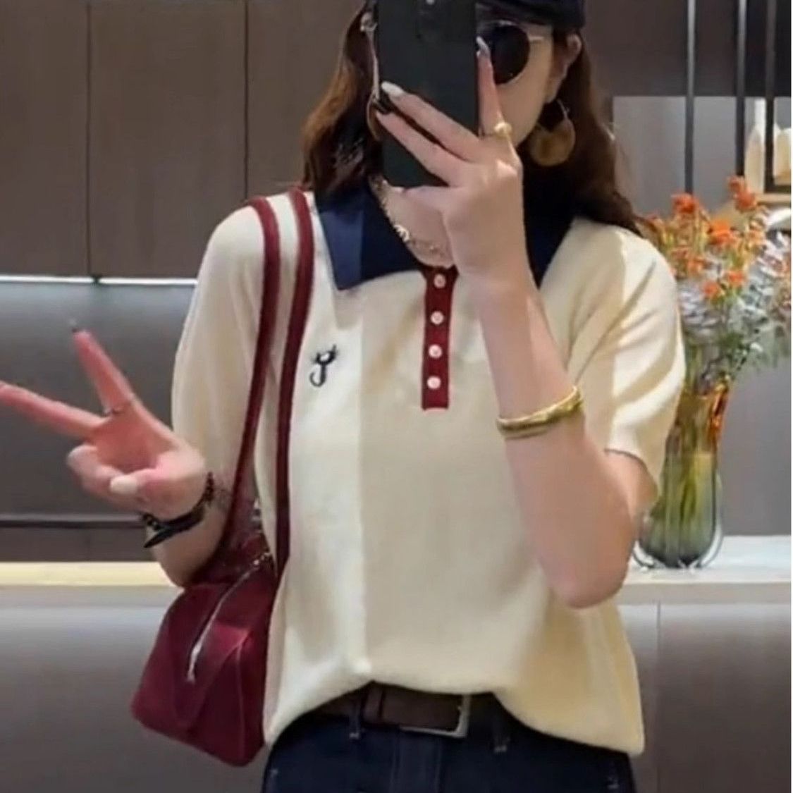 小猫刺绣polo领针织衫女夏季