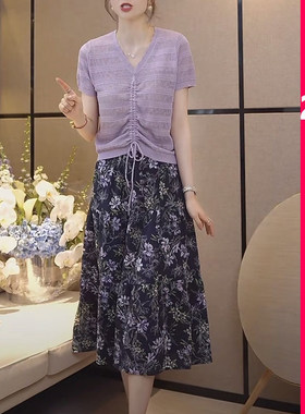 夏季个性抽褶镂空v领薄款针织衫轻奢森女碎花裙小清新优雅半身裙