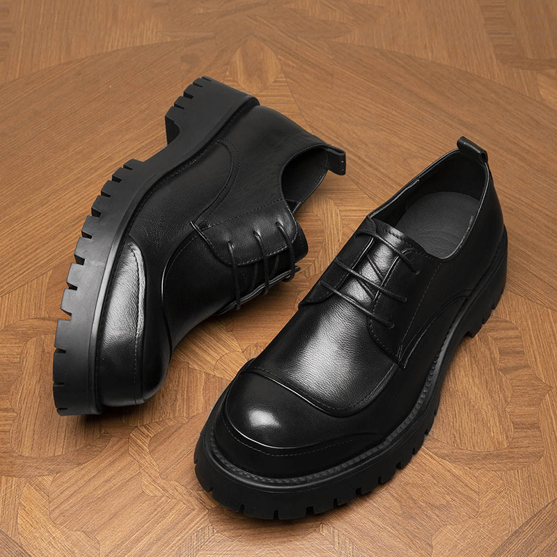 芸棉绣2026新款男士大头休闲皮鞋真皮厚底耐磨英伦商务舒适德比鞋