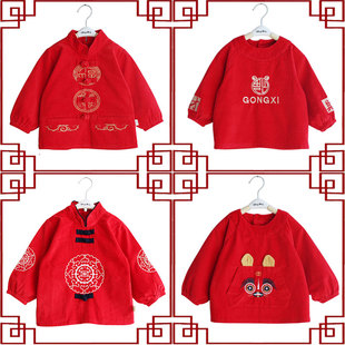 新年儿童唐装罩衣女孩灯芯绒防水反穿衣中国风男宝宝纯棉防脏护衣