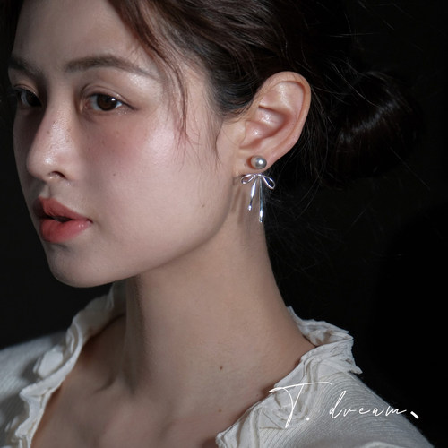 nicedream麻灰珍珠蝴蝶结耳环