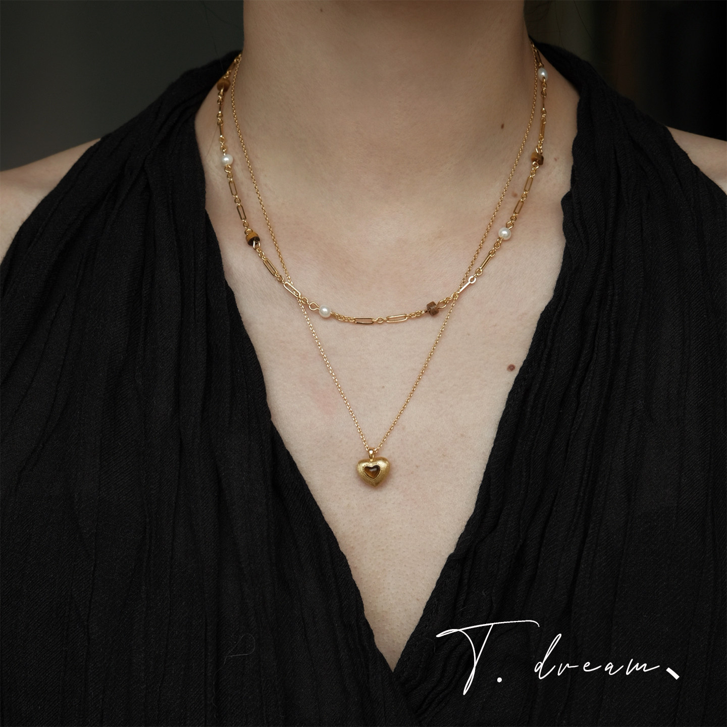 《古董八音盒》复古暖金双层叠戴爱心吊坠项链高级锁骨链小众设计