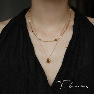 《古董八音盒》复古暖金双层叠戴爱心吊坠项链高级锁骨链小众设计